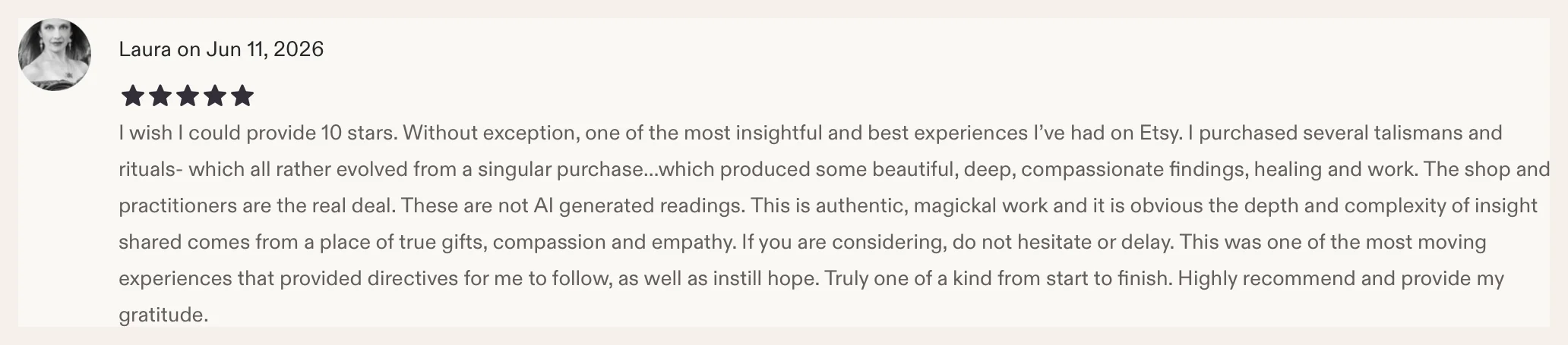 Etsy review from Laura, 5 stars